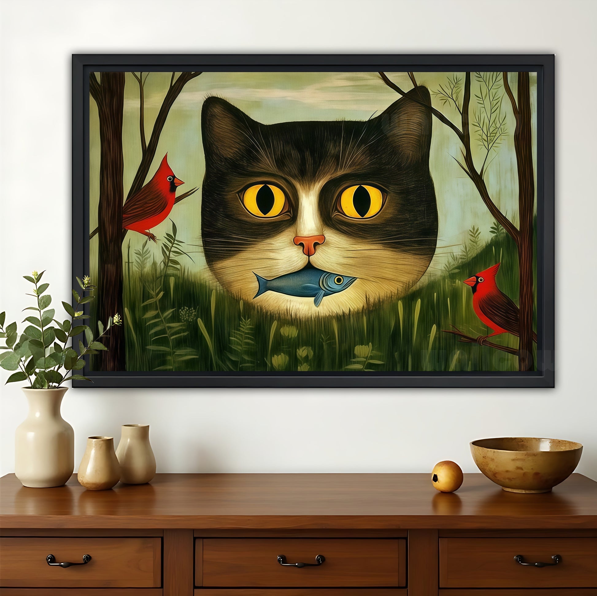 The Jungle Cat Fish – Surreal Nature Wall Art on Natural Wood Canvas