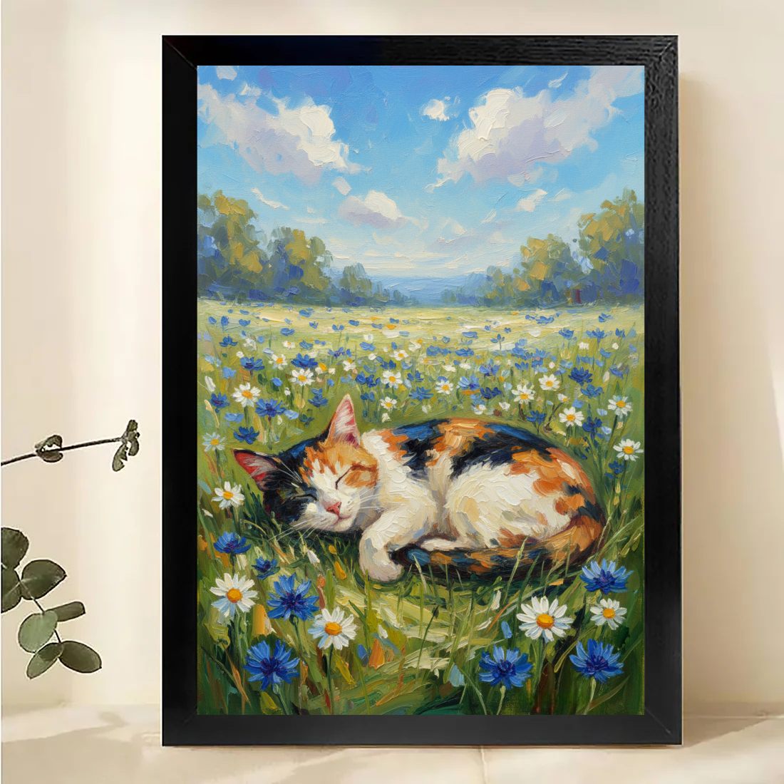 Calico Cat in Wildflower Meadow Wall Art - Spring Landscape Print