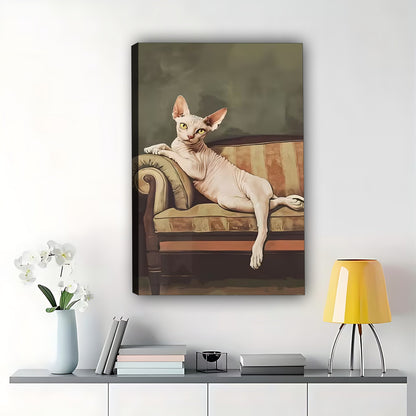 The Lounge Cat on Sofa – Elegant Sphynx Wall Art on Natural Wood Grain Canvas