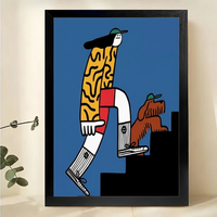 Stylish Man Walking Dog Wall Art – Bold Modern Cartoon Canvas Print on Natural Wood Frame