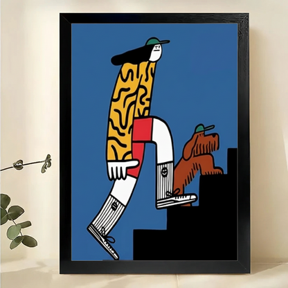 Stylish Man Walking Dog Wall Art – Bold Modern Cartoon Canvas Print on Natural Wood Frame