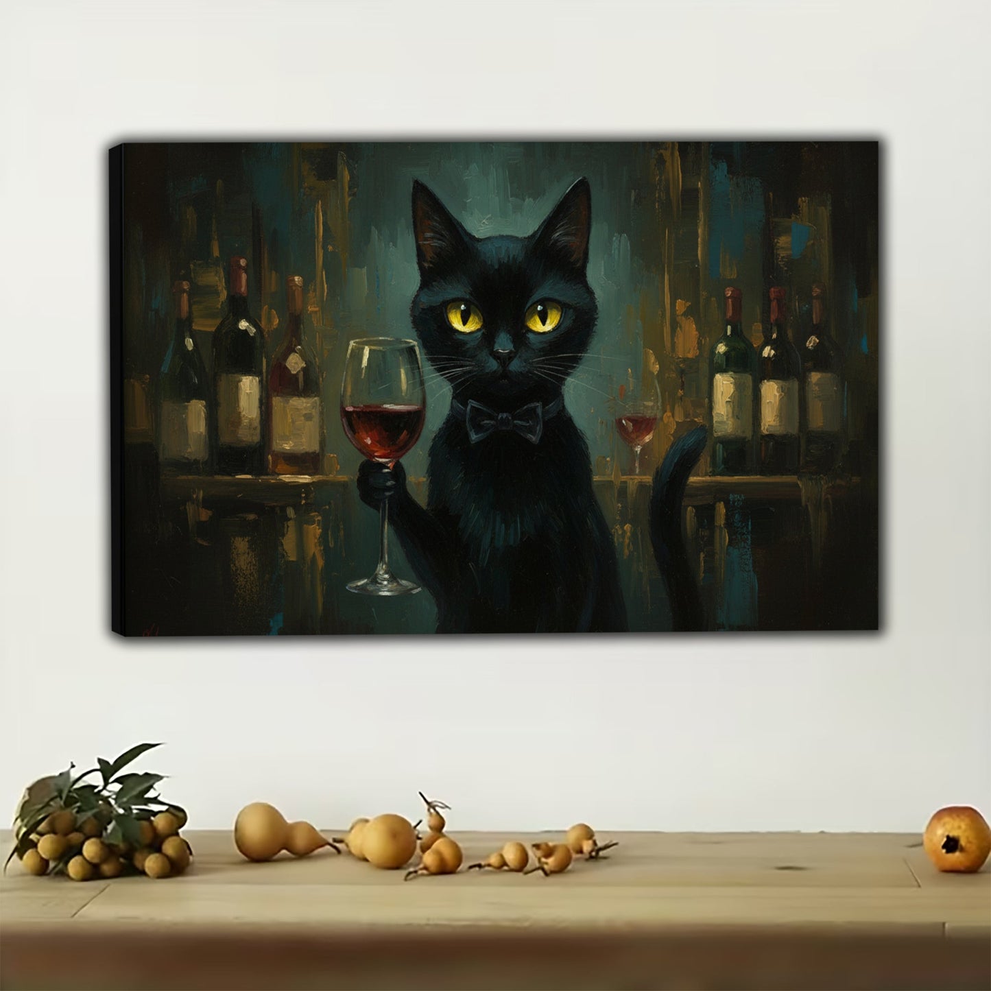 The Bar-Side Red Wine Black Cat – Retro Lounge Wall Art on Natural Wood Canvas