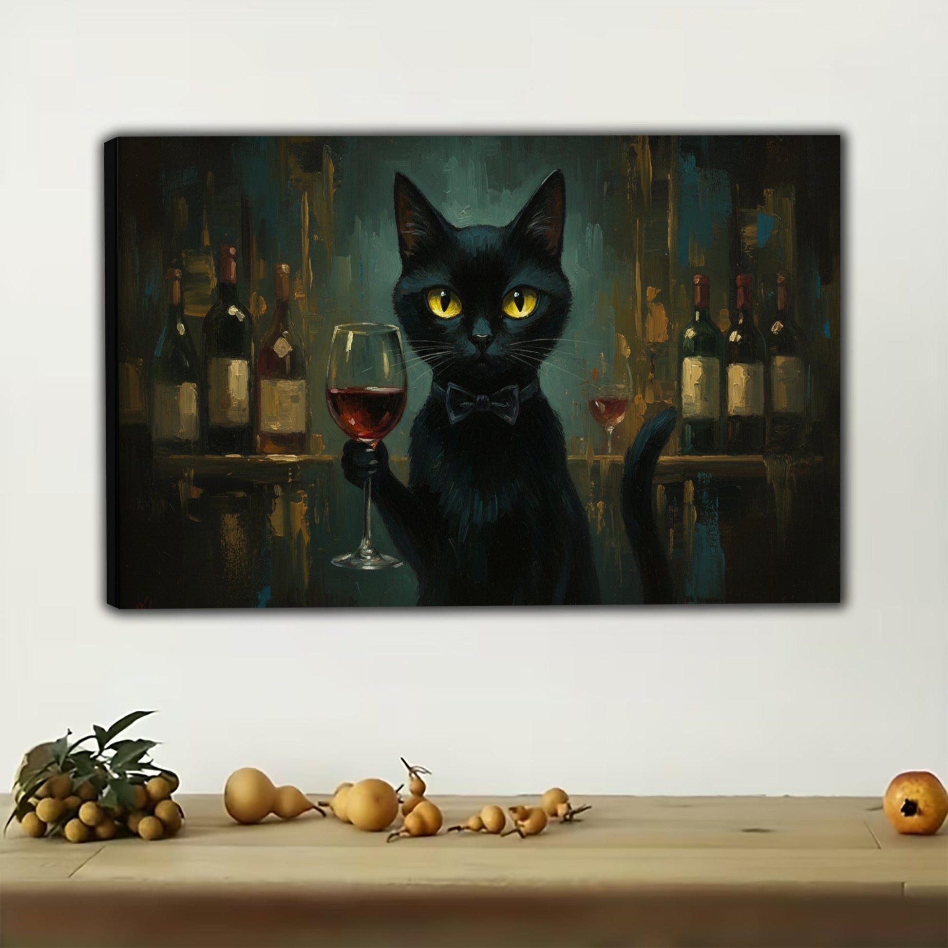 The Bar-Side Red Wine Black Cat – Retro Lounge Wall Art on Natural Wood Canvas