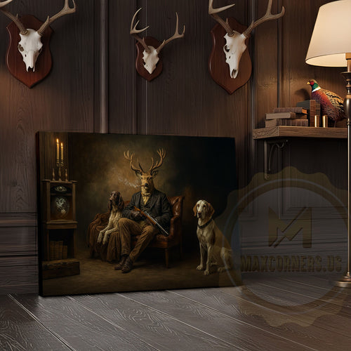 Deer Gentleman with Hunting Dogs in Rustic Room Wrapped Canvas