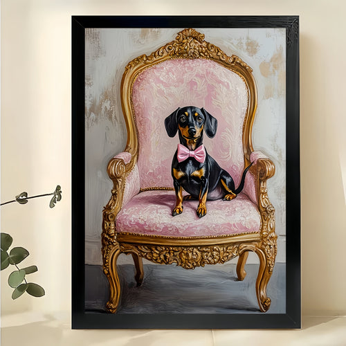 Dachshund on Vintage Pink Armchair – Luxe Cute Pet Wall Art on Natural Wood Canvas