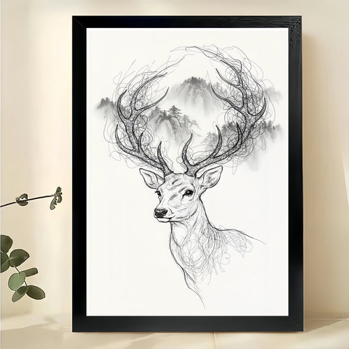 The Ink-Wash Style Elk – Elegant Nature Wall Art on Natural Wood Canvas