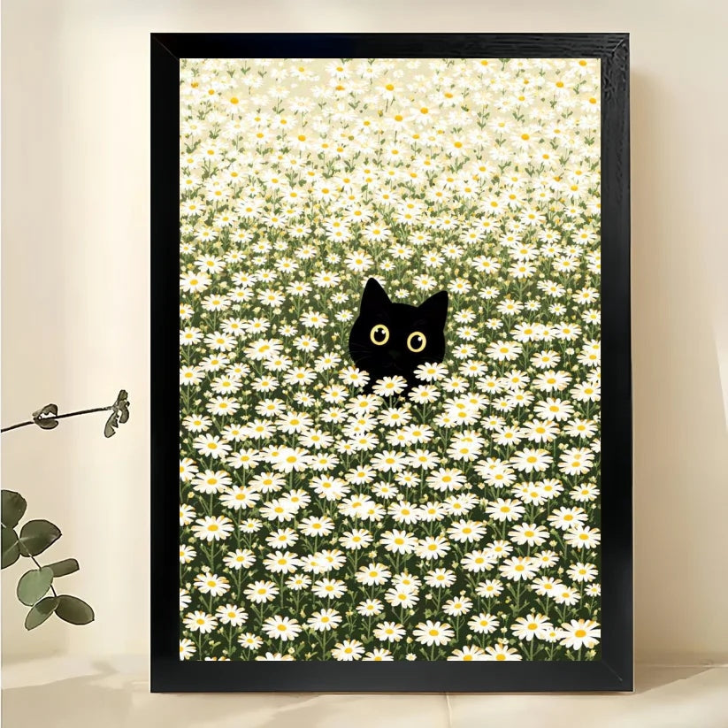 Black Cat in Daisy Field – Whimsical Minimalist Wall Art on Natural Wood Canvas