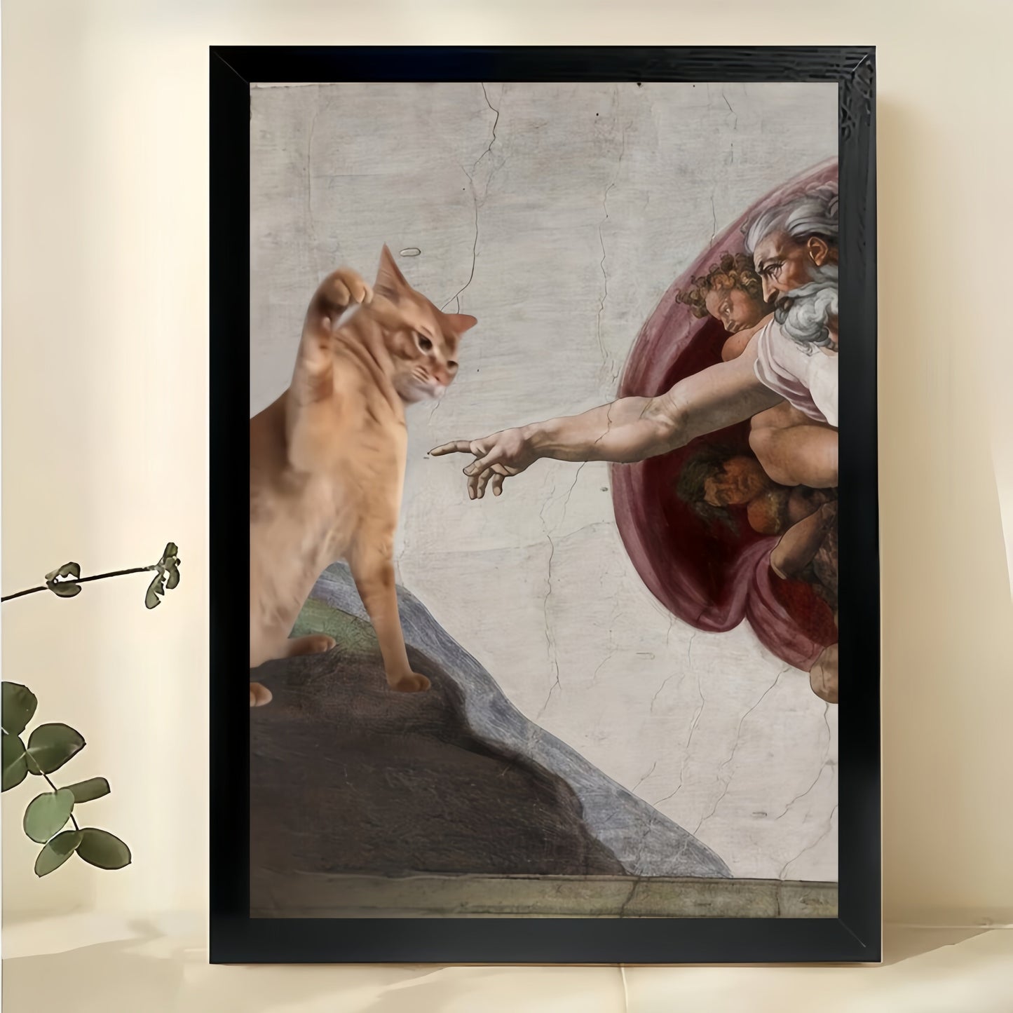 The Creation of Adam Cat – Classic Art Reimagined Wall Art on Natural Wood Canvas