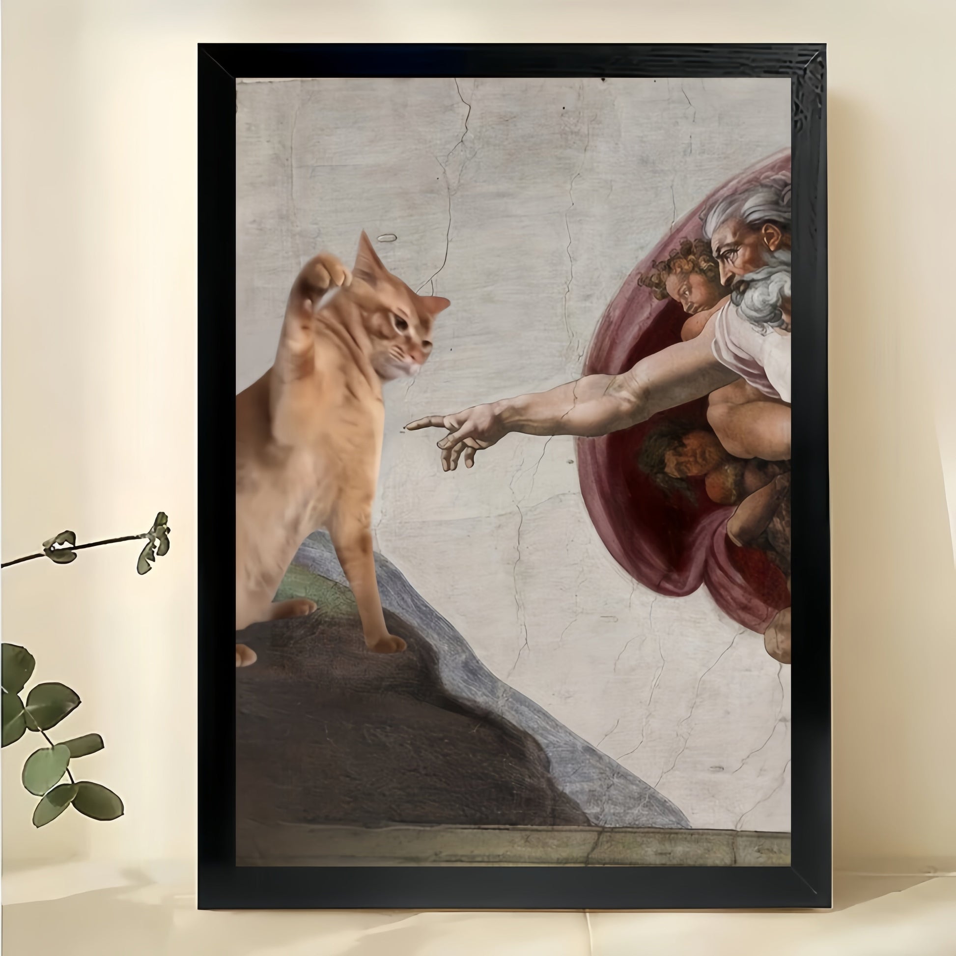 The Creation of Adam Cat – Classic Art Reimagined Wall Art on Natural Wood Canvas