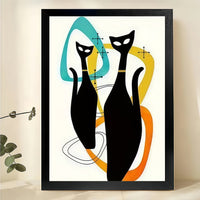 Mid-Century Double Cat – Abstract Geometric Cat Wall Art on Natural Wood Canvas