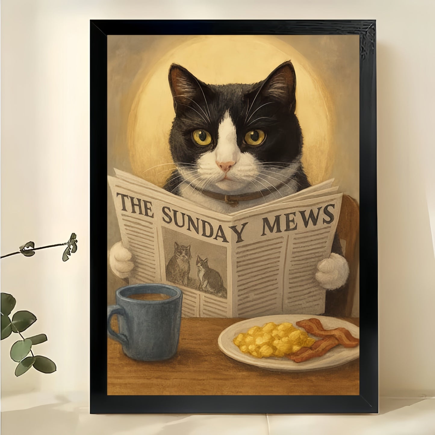 The Sunday Mews Cat – Cozy Retro Cat Wall Art on Natural Wood Canvas