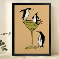 Penguins in Martini Glass Wall Art – Funny Cocktail Party Penguin Canvas Print on Natural Wood Frame