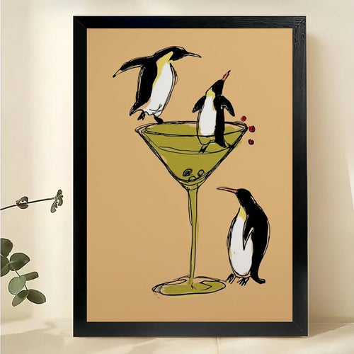 Penguins in Martini Glass Wall Art – Funny Cocktail Party Penguin Canvas Print on Natural Wood Frame