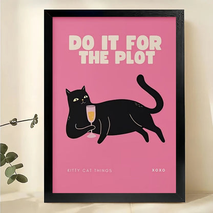 “Do It For The Plot” Retro Black Cat – Bold Pink Feminist Wall Art on Natural Wood Canvas