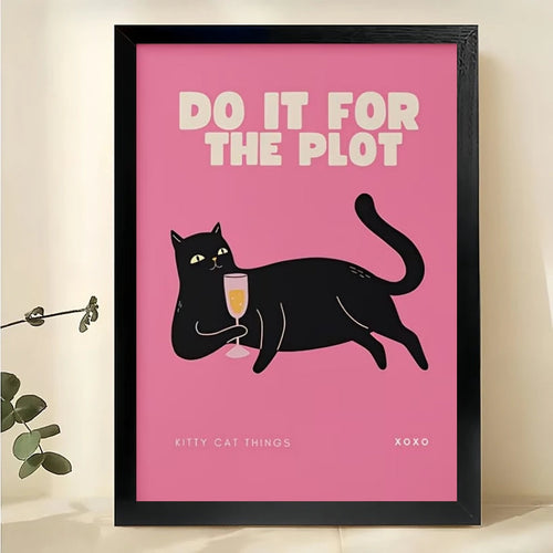 “Do It For The Plot” Retro Black Cat – Bold Pink Feminist Wall Art on Natural Wood Canvas