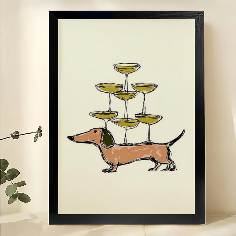 Dachshund with Champagne Tower Wall Art – Playful Wiener Dog Canvas Print on Natural Wood Frame
