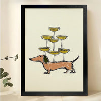 Dachshund with Champagne Tower Wall Art – Playful Wiener Dog Canvas Print on Natural Wood Frame