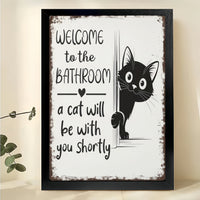 Welcome to the Bathroom Vintage Black Cat – Rustic Bathroom Wall Art on Natural Wood Canvas