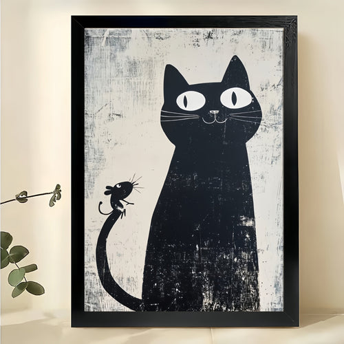 Black Cat with Mouse Tail – Whimsical Vintage Wall Art on Natural Wood Canvas
