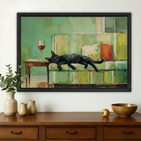 Lazy Black Cat on Green Couch – Retro Oil Painting Style Wall Art on Natural Wood Canvas