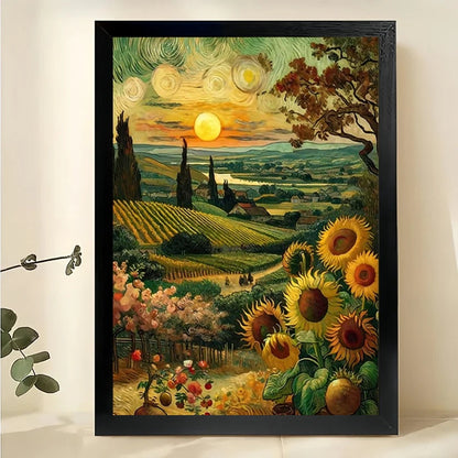 Van Gogh Sunfield with Sun – Artistic Wall Art on Natural Wood Canvas