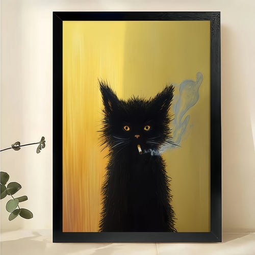 Smoking Black Cat – Retro Edgy Cat Wall Art on Natural Wood Canvas