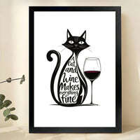 A Cat and Wine Makes Everything Fine – Retro Cat Wall Art on Natural Wood Canvas