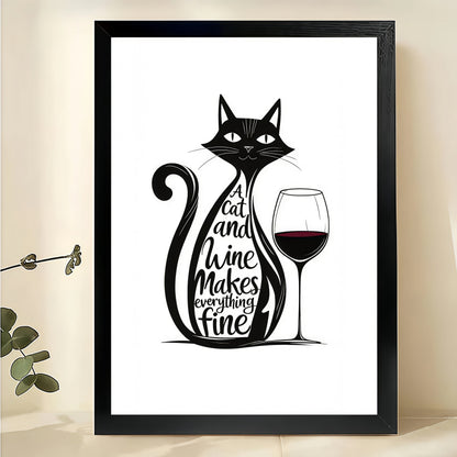 A Cat and Wine Makes Everything Fine – Retro Cat Wall Art on Natural Wood Canvas