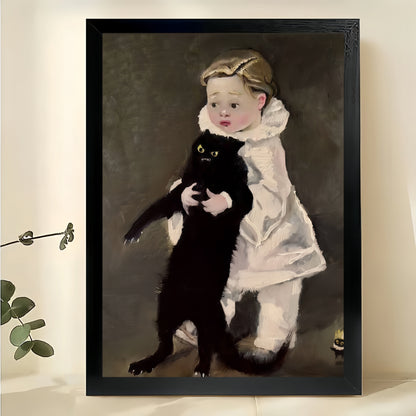 Child Holding Sassy Black Cat – Classic Art Parody Wall Art on Natural Wood Canvas