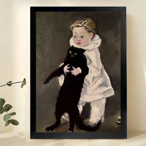 Child Holding Sassy Black Cat – Classic Art Parody Wall Art on Natural Wood Canvas