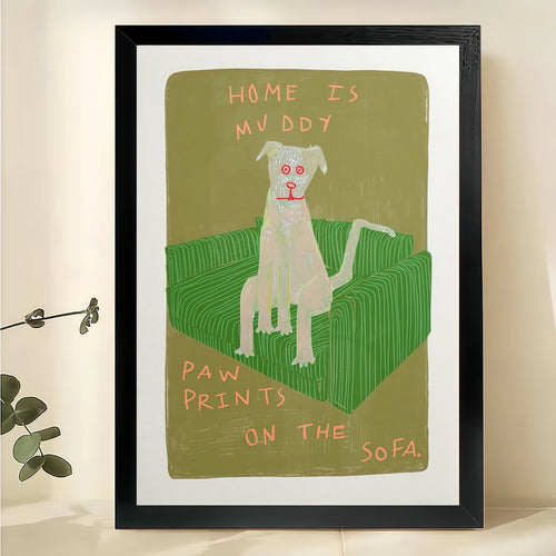 Home Is My Doggy Paw Prints On The Sofa” Whimsical Dog Wall Art on Natural Wood Canvas