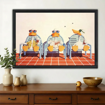 Chillin' Summer Penguins Wall Art – Retro Poolside Penguin Canvas Print on Natural Wood Frame