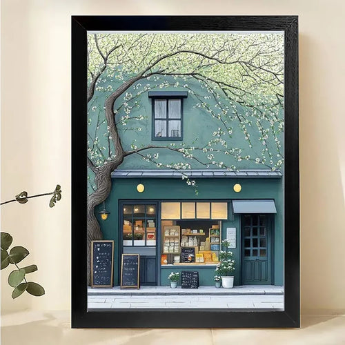 The Tree-Lined Little Shop – Charming Boutique Street Scene Wall Art on Natural Wood Canvas