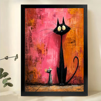 Tall Black Cat & Mouse – Textured Abstract Whimsical Wall Art on Natural Wood Canvas