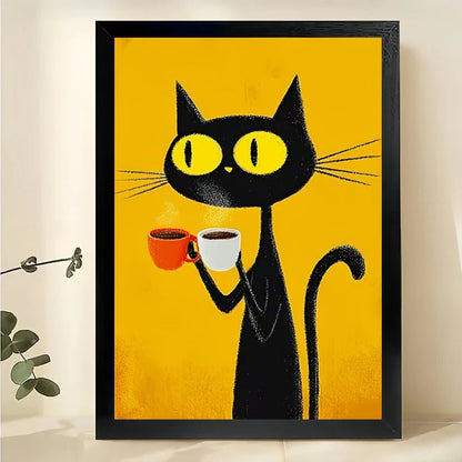 Retro Black Cat with Coffee Cup – Bold Yellow Background Wall Art on Natural Wood Canvas