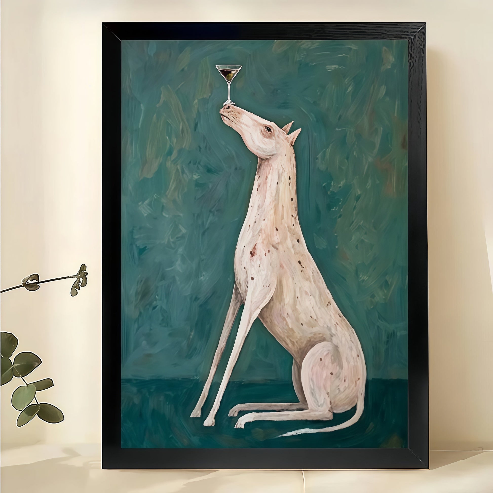 Greyhound with Martini Wall Art – Elegant Dog Drinking Cocktail Canvas Print on Natural Wood Frame