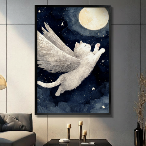 Flying Angel Cat Canvas Wall Art – Dreamy Night Sky