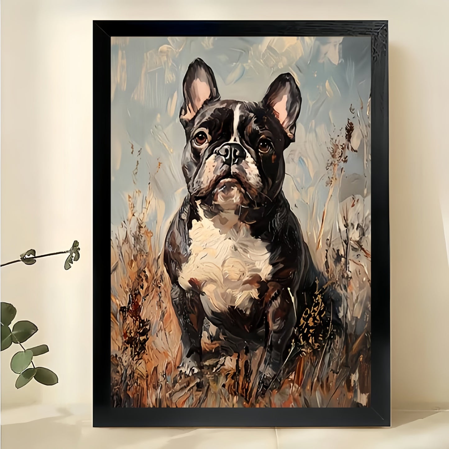 Vintage French Bulldog – Rustic Oil Painting Style Dog Wall Art on Natural Wood Canvas