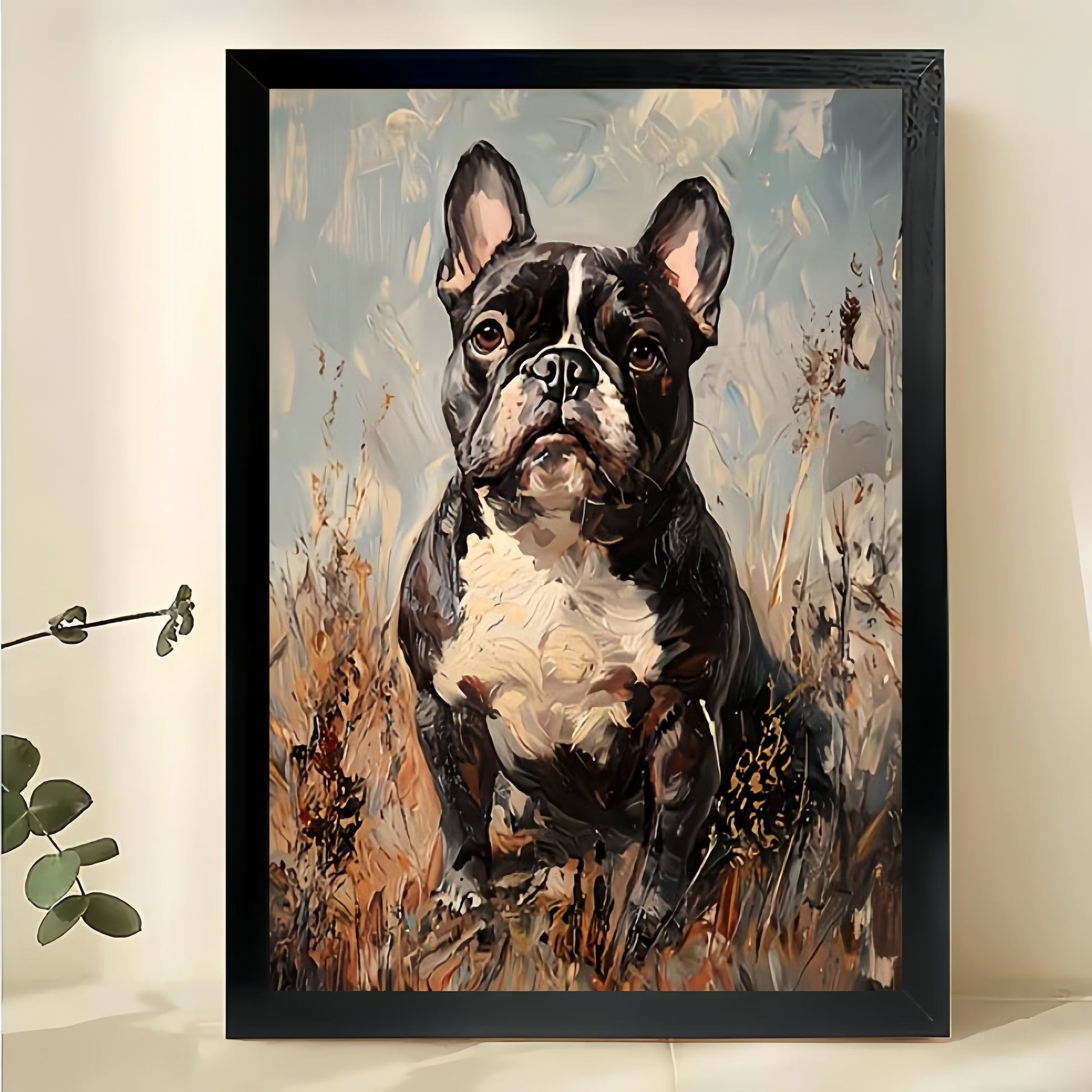 Vintage French Bulldog – Rustic Oil Painting Style Dog Wall Art on Natural Wood Canvas