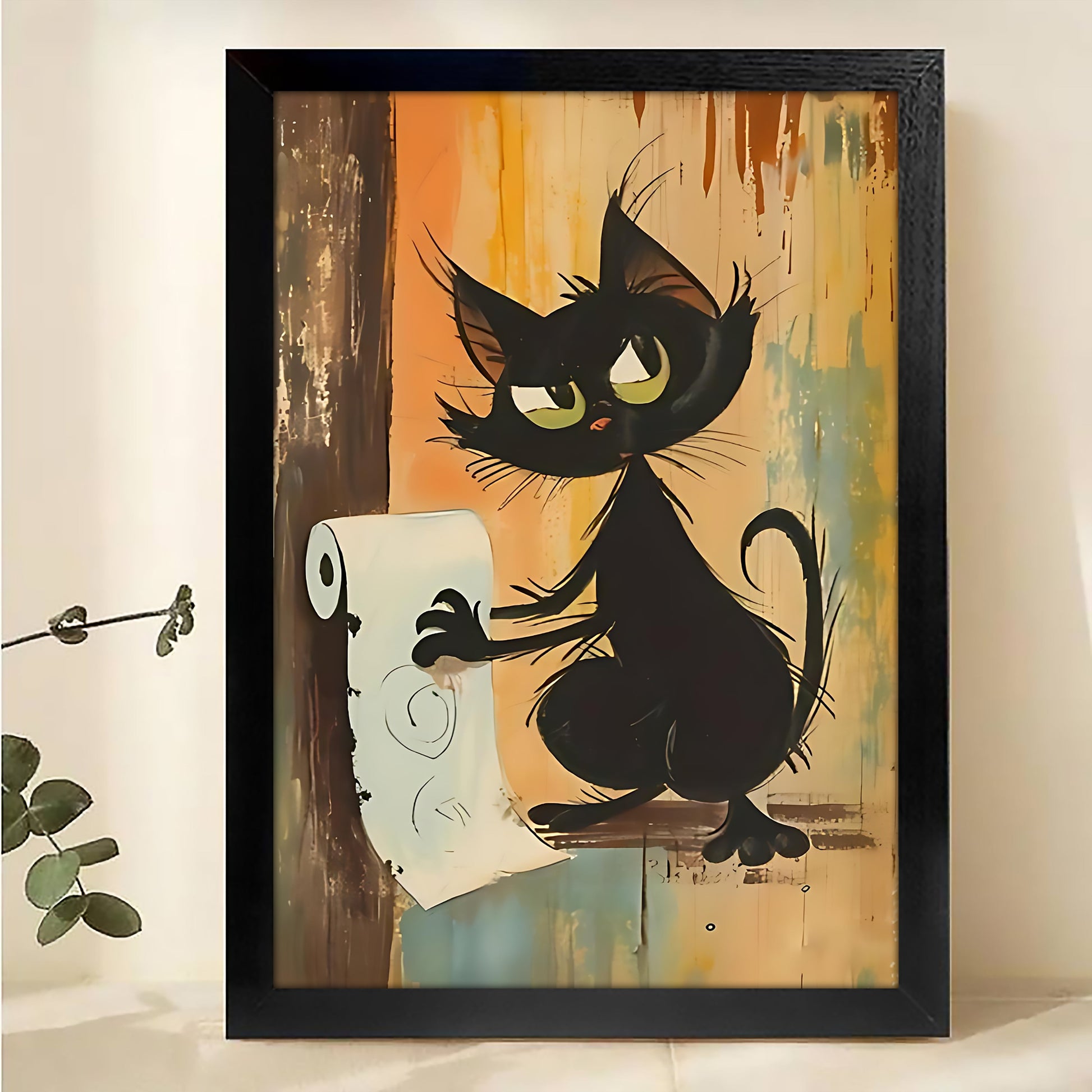 The Tissue-Holding Black Cat – Towel Wall Art on Natural Wood Canvas