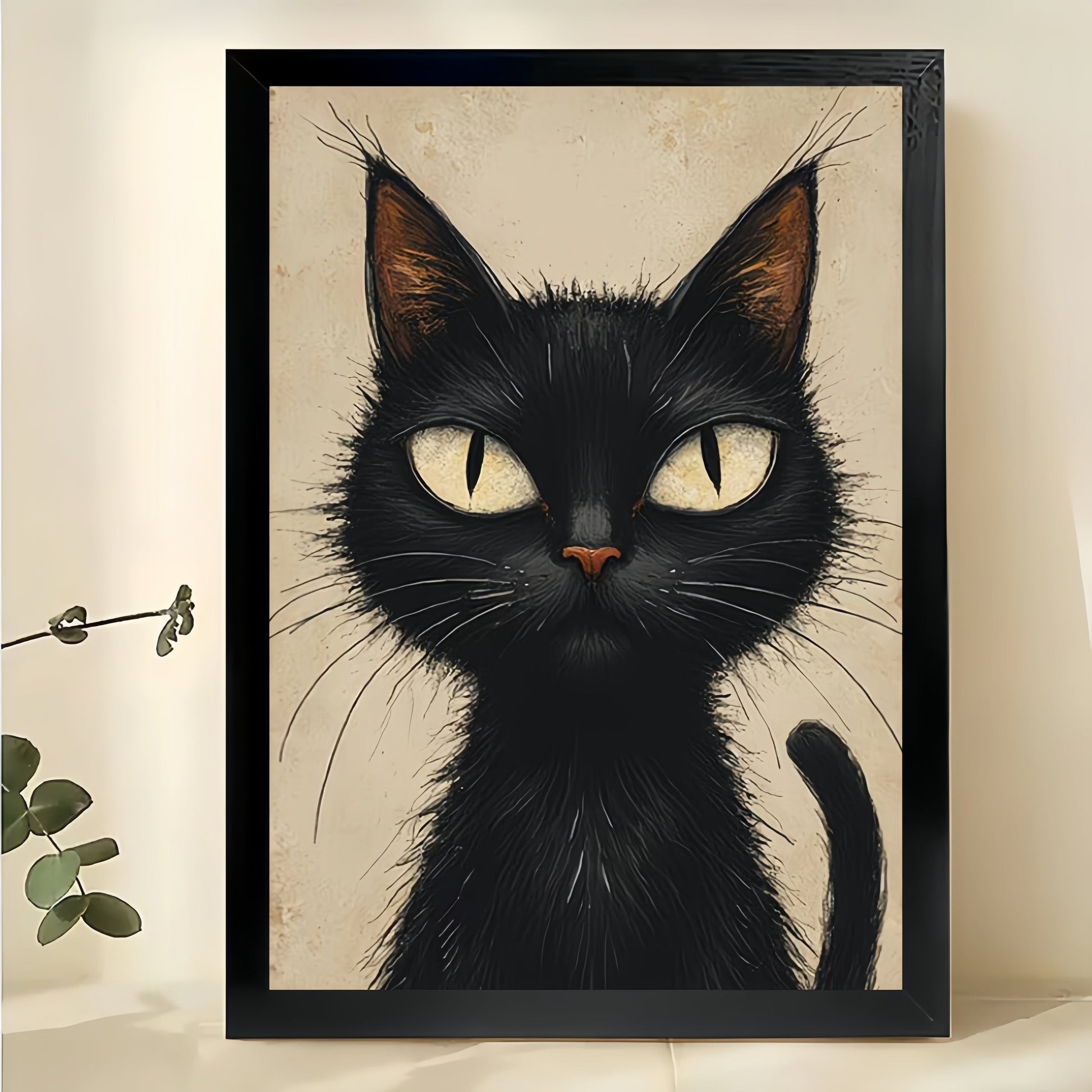 Realistic Big-Eyed Black Cat – Minimalist Moody Wall Art on Natural Wood Canvas