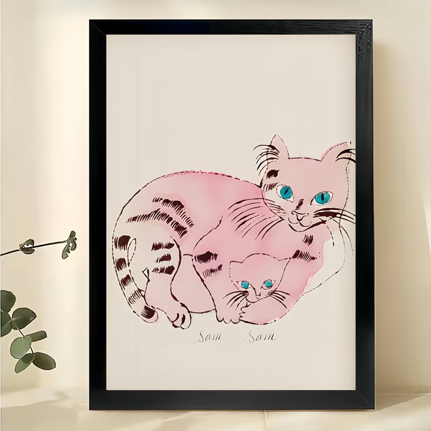 Pink Cat Parent Kitten – Sweet Pet Family Wall Art on Natural Wood Canvas
