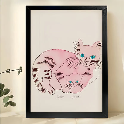 Pink Cat Parent Kitten – Sweet Pet Family Wall Art on Natural Wood Canvas
