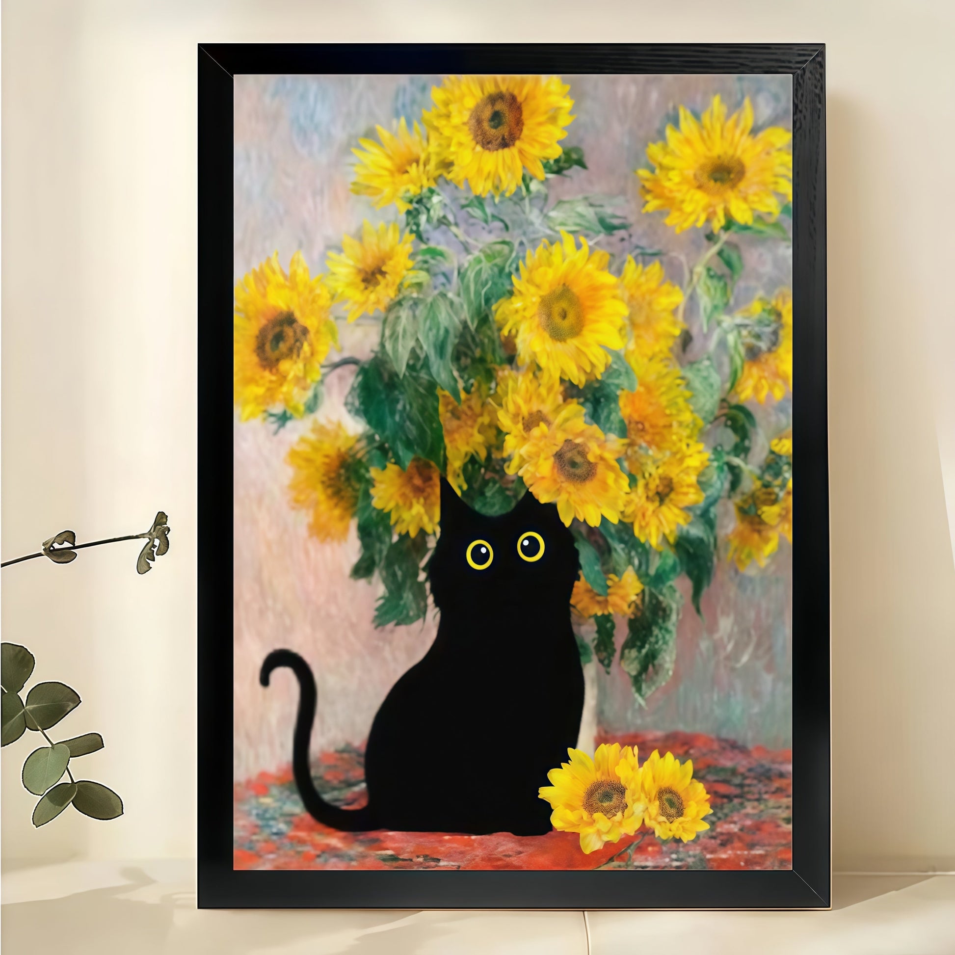Black Cat with Sunflowers – Van Gogh Inspired Cat Wall Art on Natural Wood Canvas