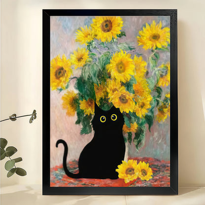 Black Cat with Sunflowers – Van Gogh Inspired Cat Wall Art on Natural Wood Canvas