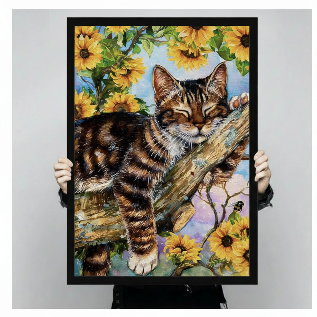 Cat Sunflower Canvas Wall Art – Framed