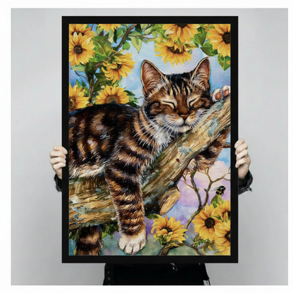 Cat Sunflower Canvas Wall Art – Framed