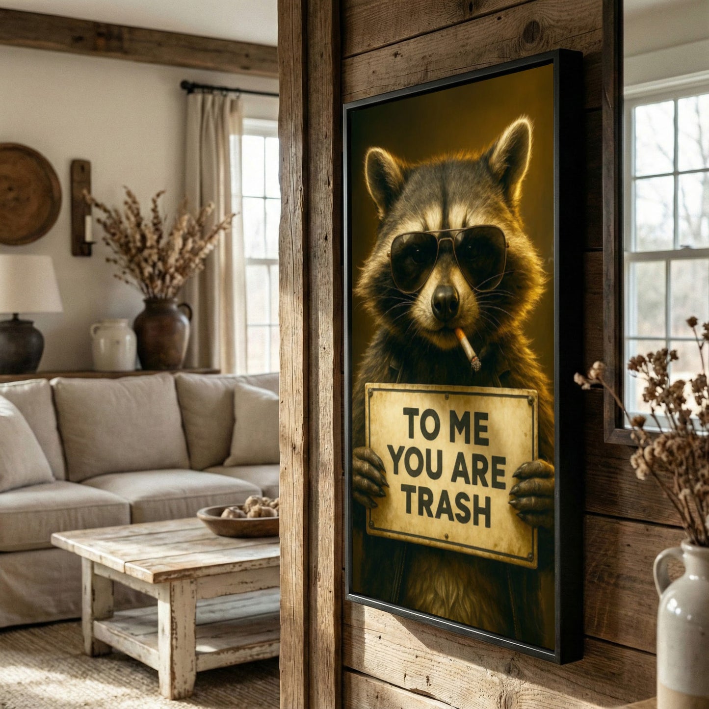 Raccoon Wearing Sunglasses Smoking Cigarette Holding Funny Quote Sign Canvas Wall Art