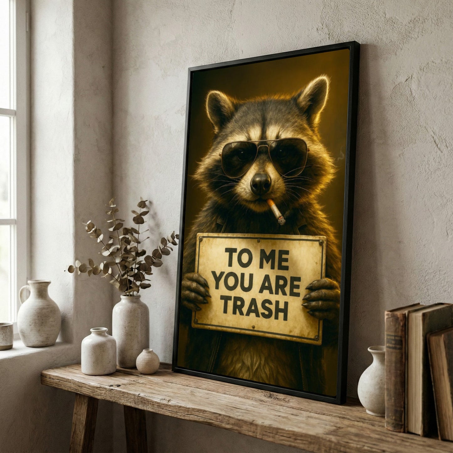Raccoon Wearing Sunglasses Smoking Cigarette Holding Funny Quote Sign Canvas Wall Art