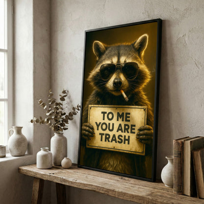 Raccoon Wearing Sunglasses Smoking Cigarette Holding Funny Quote Sign Canvas Wall Art
